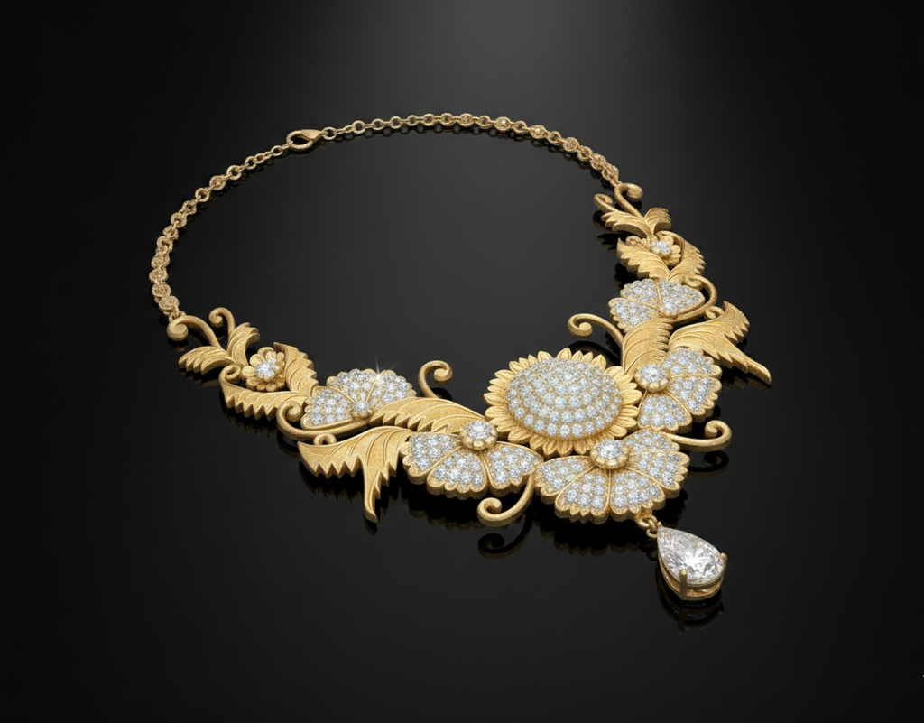 Luxury Floral Diamond Necklace CAD Design + Full Production Draft | 18K Gold Bridal Filigree Necklace | STL 3DM Ready-to-Manufacture Jewelry File
