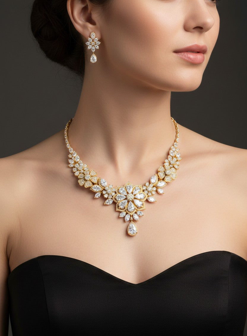 Luxury Floral Bridal Diamond Necklace Set - 4000x4000 Ultra-HD PNG Master Technical File