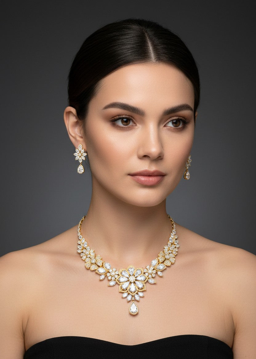 Luxury Floral Bridal Diamond Necklace Set - 4000x4000 Ultra-HD PNG Master Technical File